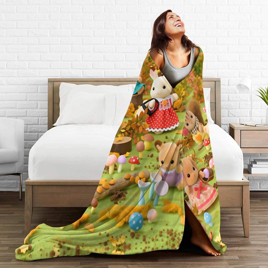 Cute Sylvanian Families Blanket Quality Super Warm Throw Blanket Spring Airplane Travel Outdoor Pattern Bedspread