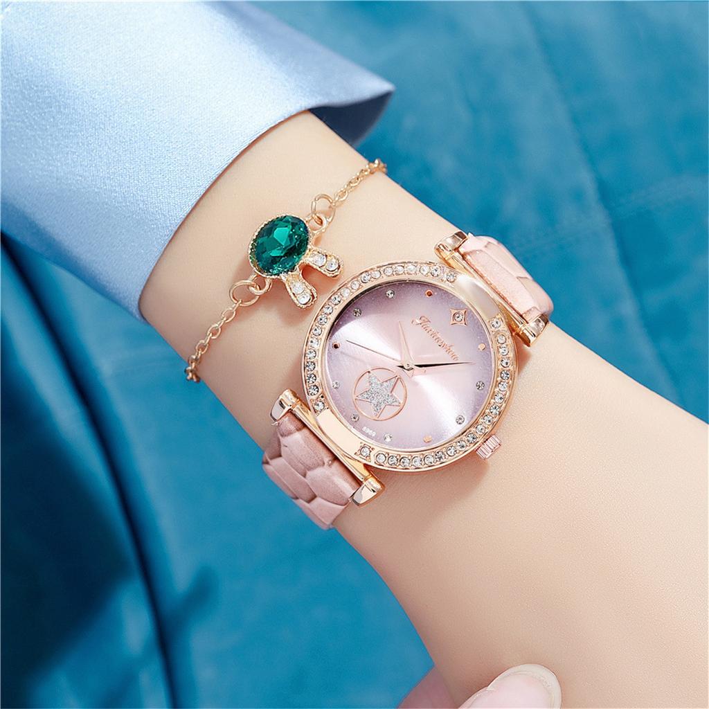 Set Bracciale Orologio al Quarzo da Donna con Dettagli in Strass Quadrante con Pendente a Stella e Cinturino a Catena Regolabile Adatto per l'Uso Quotidiano
