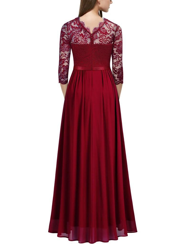European Style Chiffon Lace Long Evening Dress - Women's Round Neck Gown