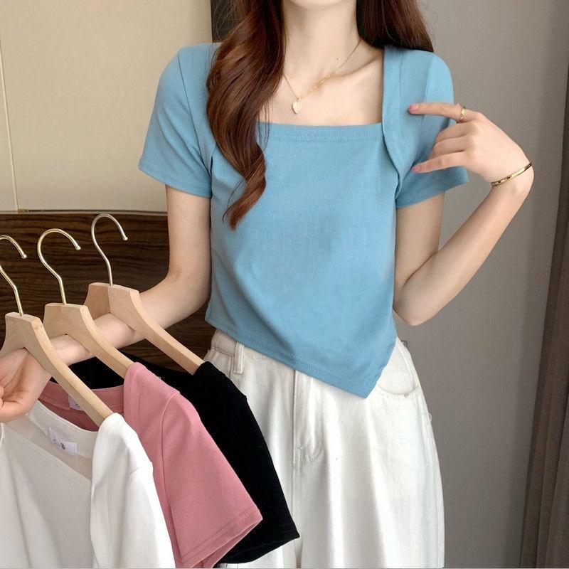 

2024 Women s Chic Slim Fit Irregular Square Collar Short Sleeve T-Shirt XL