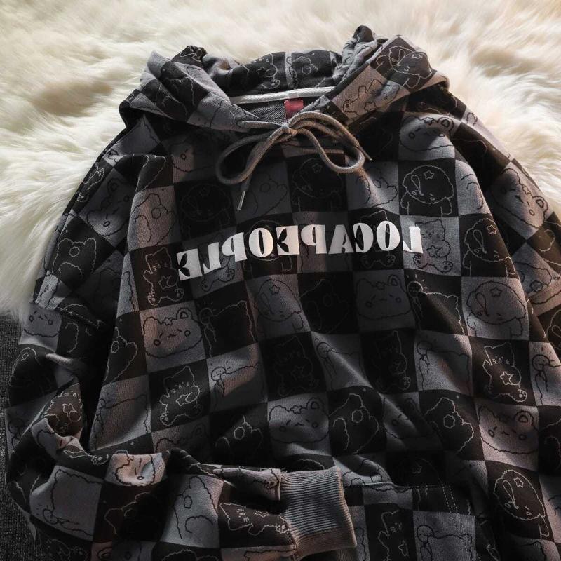 

Женская толстовка весна-осень, клетчатая толстовка с капюшоном и принтом медведя, большой свободный топ-пальто 4XL чёрный