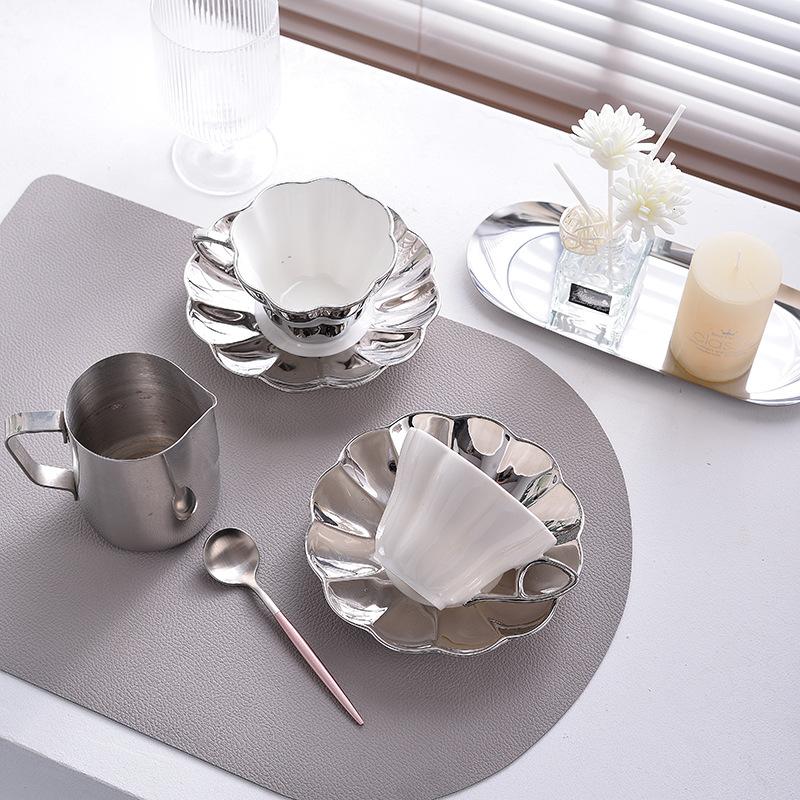 Silver Shell Ceramic Cup Coffee Mug Petals Pearl Glaze Set of Cups and Saucers Afternoon Tea Ceramic Mugs Tea Cup Set