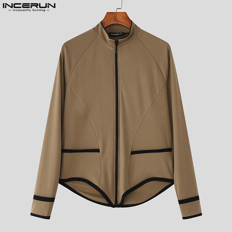 INCERUN Men Stand Neck Zip-Up Long Sleeve Irregular Stitching T-shirts Tops