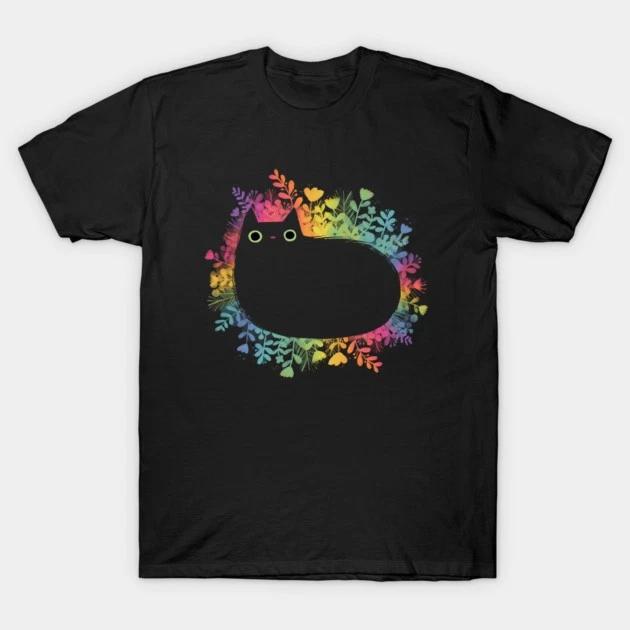 Rainbow Cat With Flowers Floral Cat Illustration T‑Shirt