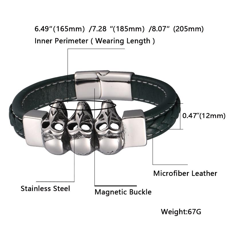Fashion Charm Skull Stainless Steel Leather Braided Men Bracelet Jewelry Skull Punk Bangles Accessories
