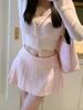 Fashion Hot Girl Pink Knit 2-piece Set Women Design Sweet Skinny Long Sleeve Hooded Tops Female + Elastic Waist Short Skirt New