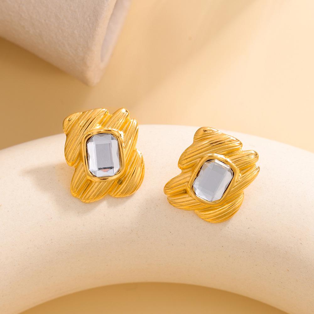 Polished Stainless Steel Pearl Stud Earrings for Women - Irregular Geometric Flower Design