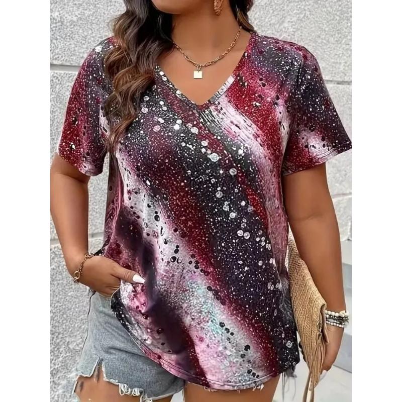 Fashion Women's V-Neck Short Sleeve 3D Flower Color Printing V-Neck Flower Short Sleeve