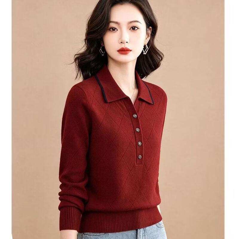 EST+II Diamond Jacquard Polo Collar Long-Sleeve Knit Sweater
