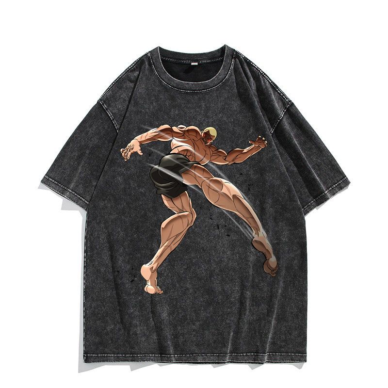 Vintage Washed T Shirt Anime Baki The Grappler Tshirt Hanma Yujiro Gym Short Sleeve Tshirts Oversized Cotton Casual Tee Shirt