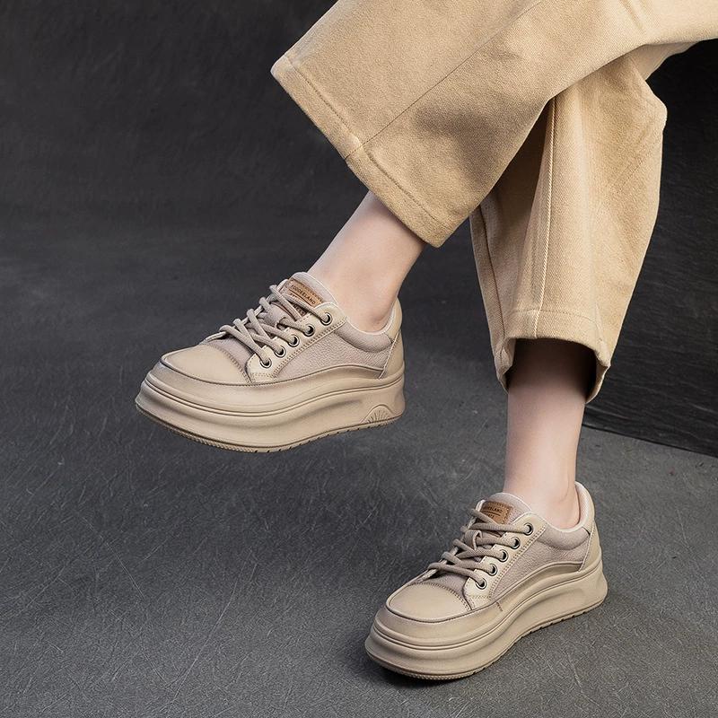 Fashion GKTINOO Sneakers Women Genuine Cow Leather Flats Thick Soled Lace-Up Spring Autumn Lady Casual Flat Shoes Handmade Women Shoes