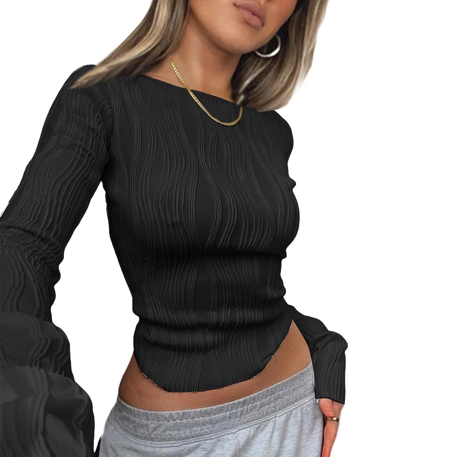 

Женская базовая узкая укороченная футболка с длинным рукавом и круглым вырезом, укороченная футболка