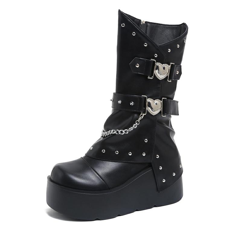 Fashion 8.5CM Women Punk Boots PU Leather Retro Mid-calf Chunky Platform Boots High Quality Casual Outdoor Sex Shoes Female Winter Boots