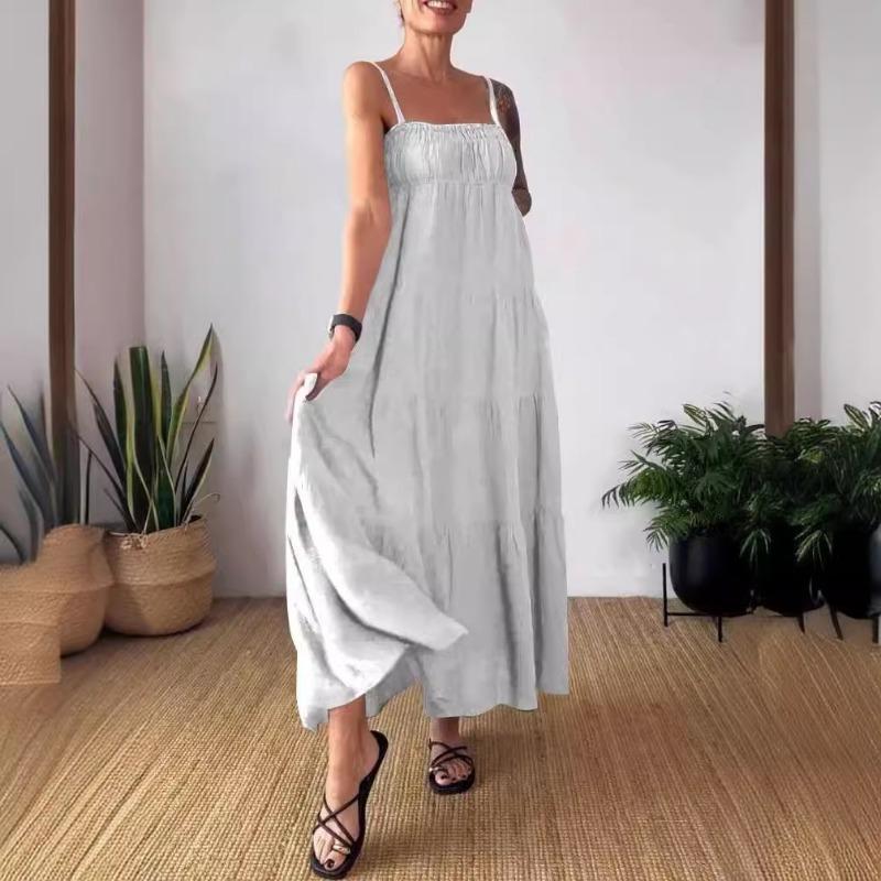 Spring Summer Solid Color Casual Chest Wrapped Pleated Suspender Dress for Women