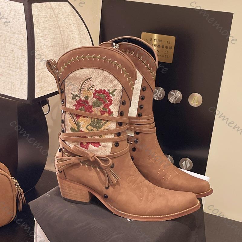 Comemore New Retro Ethnic Embroidery Printing Short Boots Thick Middle Heel Knight Female Botas  Brown Cowboy Women Shoe