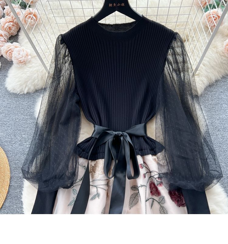 Women's French Light Luxury Celebrity Style Knitted Splicing Embroidery Mesh Dress Tie Temperament Fairy Dresses