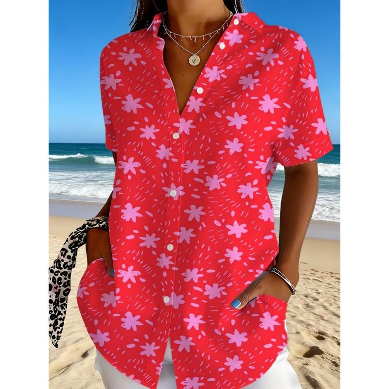 Women's Cute Doodle Floral Print Button Down Shirt, Casual Collared Tops for Spring Summer Daily Vacation Wear