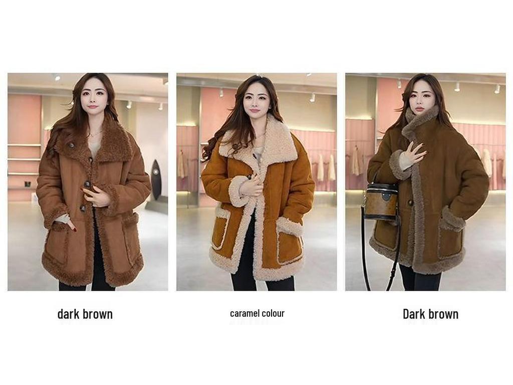 Autumn/Winter 2025 Women's Mid-Length Fleece-Lined Lambswool Reversible Fur Coat