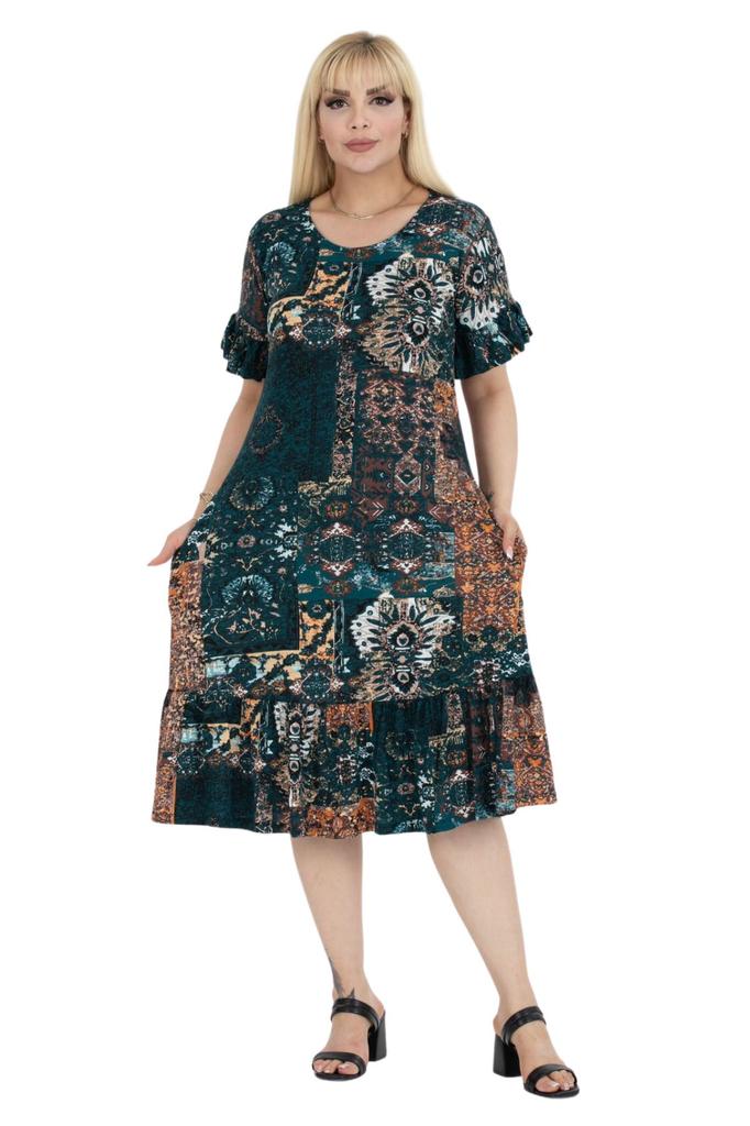 Women's Big Size Dress Petrol Ethnic Pattern Pocket Ruffle Short Sleeve Midi Dress