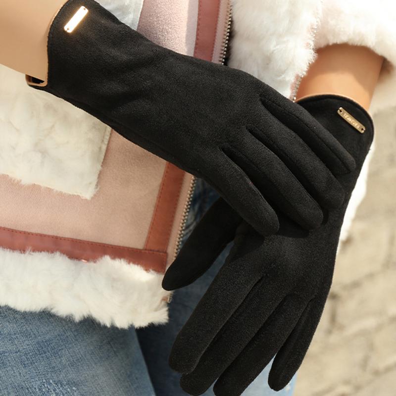 Zlaté kovové štítky Semišové rukavice Jednobarevné Jacquard Elastické rukavice Dámské Zimní Teplé rukavice odolné proti chladu