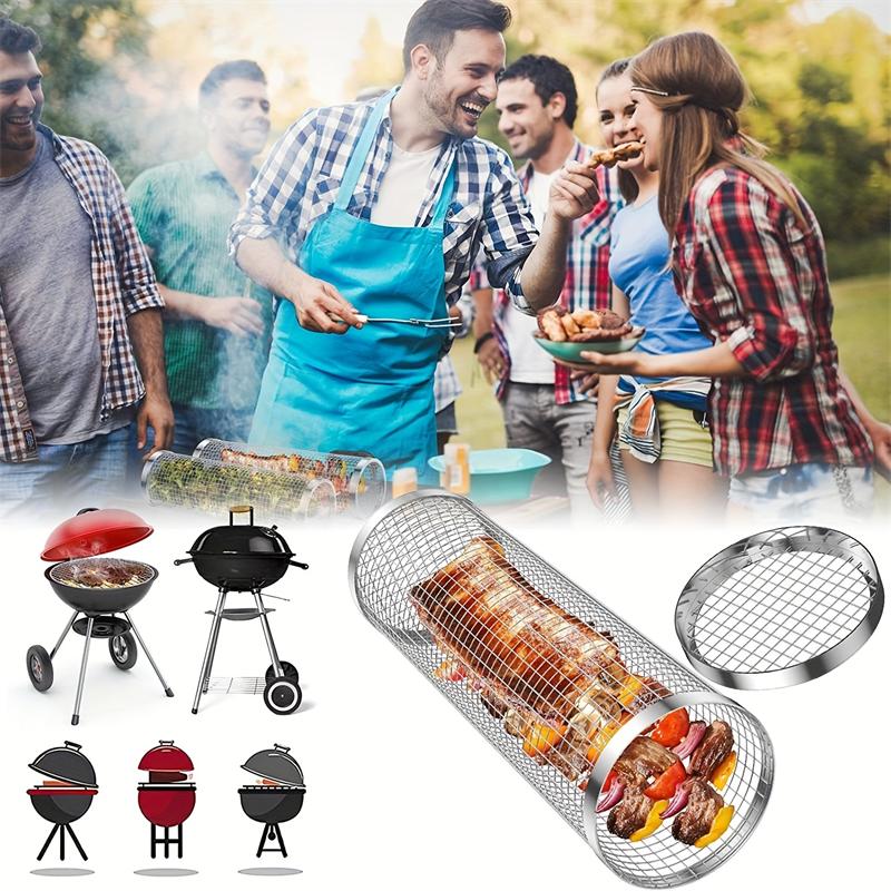 BBQ Rolling Grill Basket Stainless Steel Wire Mesh Barbecue Rack with HooK Portable Outdoor Camping Picnic Cookware Cooking Tool