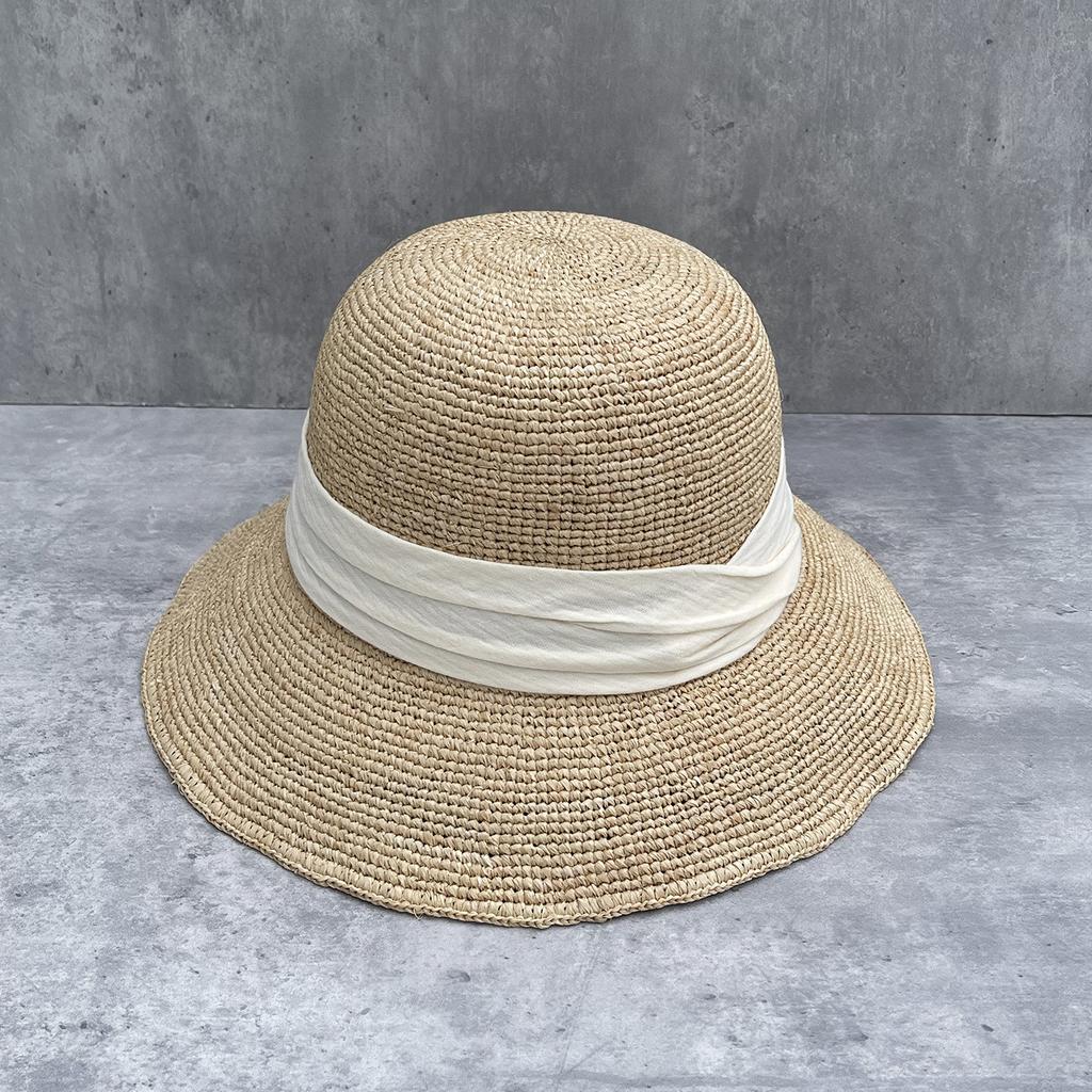French retro elegant sweet multi-fold bucket hat women's summer light luxury Lafite straw hat wide brim sun hat