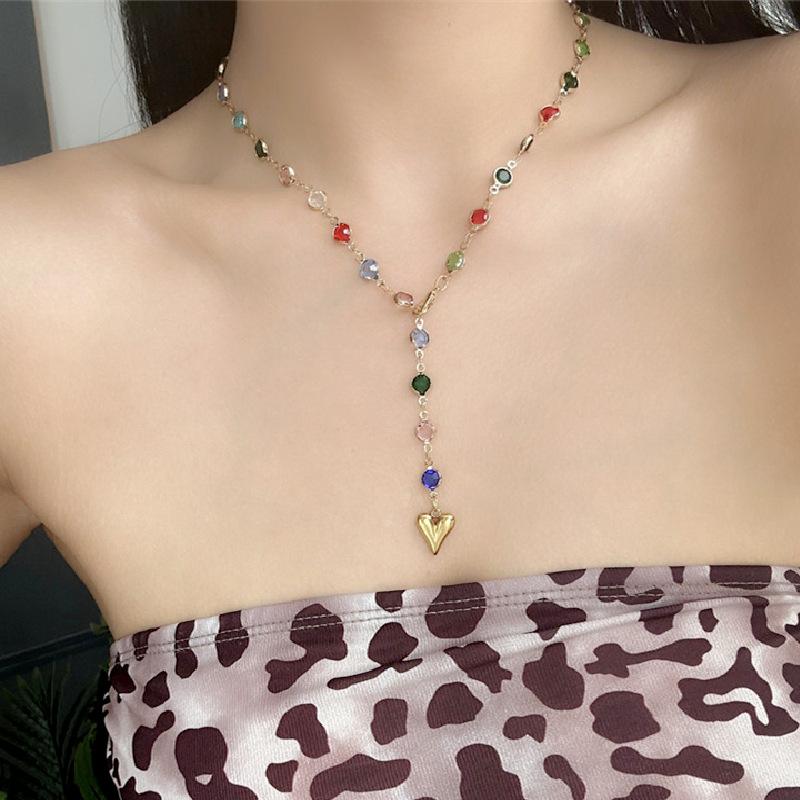 Trendy Gold Silver Color Glass Long Y-Shaped Heart Pendant Necklace Metal Clavicle Chain Bohemian Body Jewelry Party Gifts