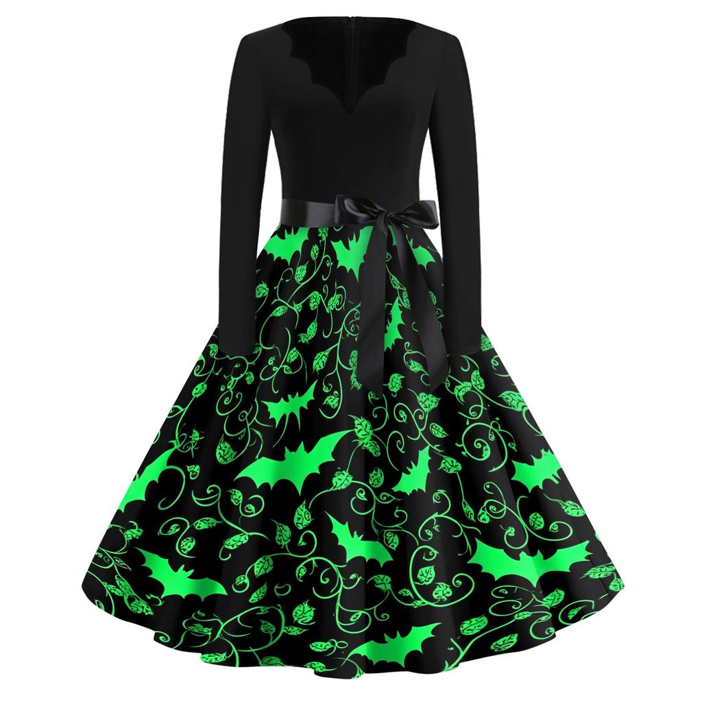 Women Long Sleeve V Neck Dress Vintage Halloween Print Midi Dress with Waist Tie Retro Casual Fit and Flare Dress for Daily Wear