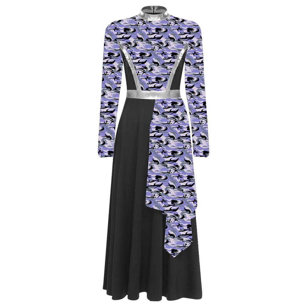 Womens Praise Dance Dress Mock Neck Long Sleeve Tunic Design High Waist Asymmetrical Hem Lyrical Costume