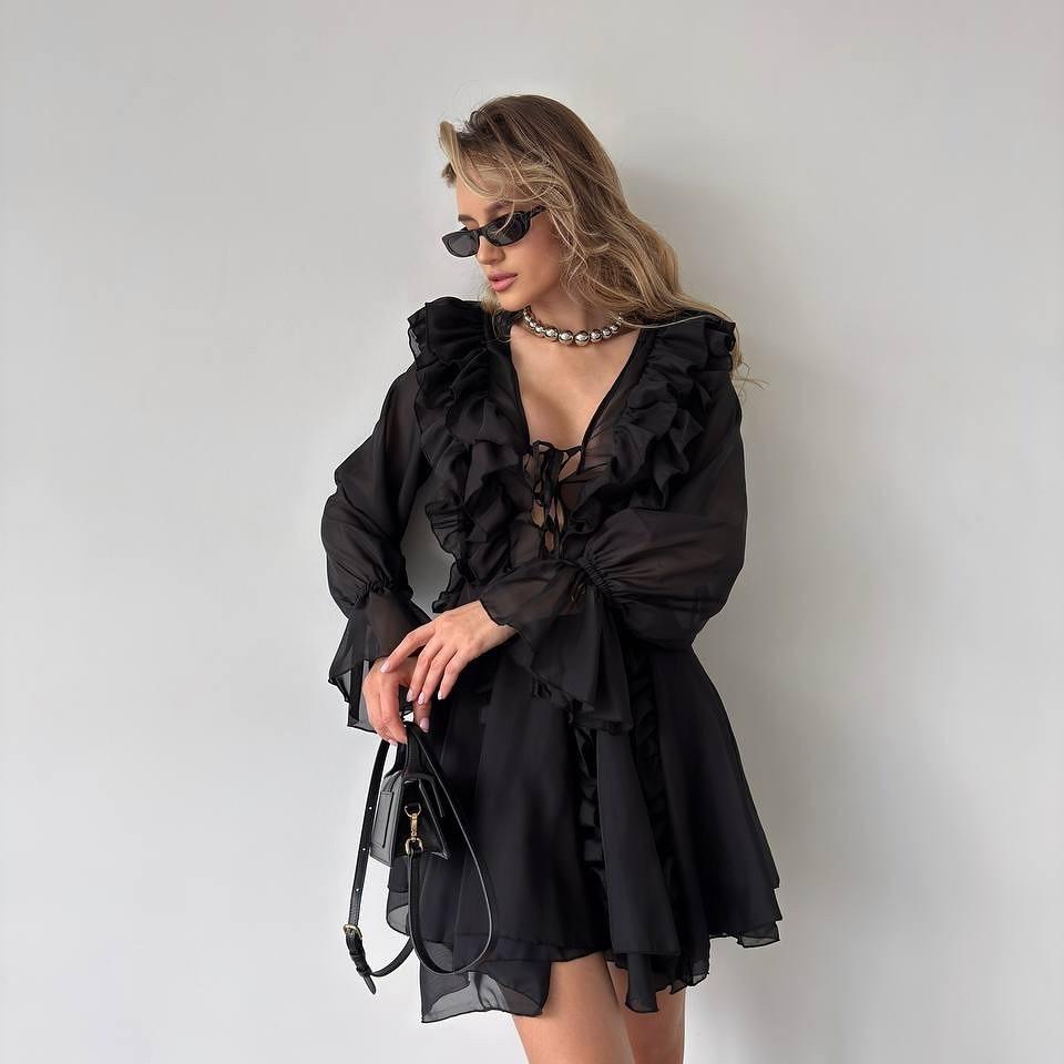 2025 Elegant Chiffon V-neck Ruffle Edge Design Dress Lace-up Long-sleeved A-shaped Skirt