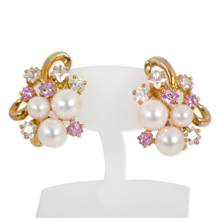 [Pre-owned] JUNET 750YG Akoya Pearl (Pink White Pearl) Pink/White Sapphire Earrings/j54-4