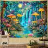 Enchanted Forest Tapestry, Magical Mushroom and Waterfall Scene with Starry Sky Wall Art for Whimsical and Aesthetic Room Decor