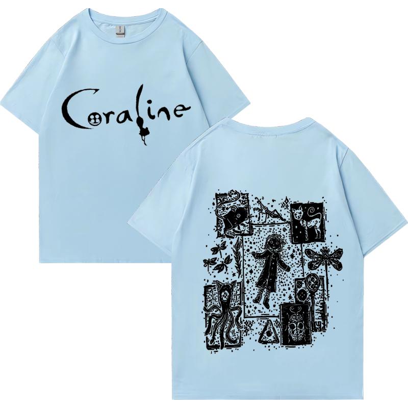 

Жіноча вінтажна футболка з графікою фільму Coraline, модна вінтажна вулична футболка, великі розміри, 100% поліестер, короткі рукави M небо синє кольору