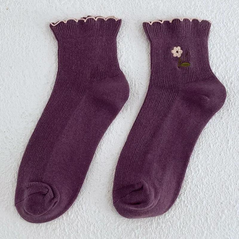 Women Socks Korean Japanese Style Cartoon Green Flower Harajuku Cute Kawaii Mid Tube Socks Breathable Casual Short  Cotton Socks