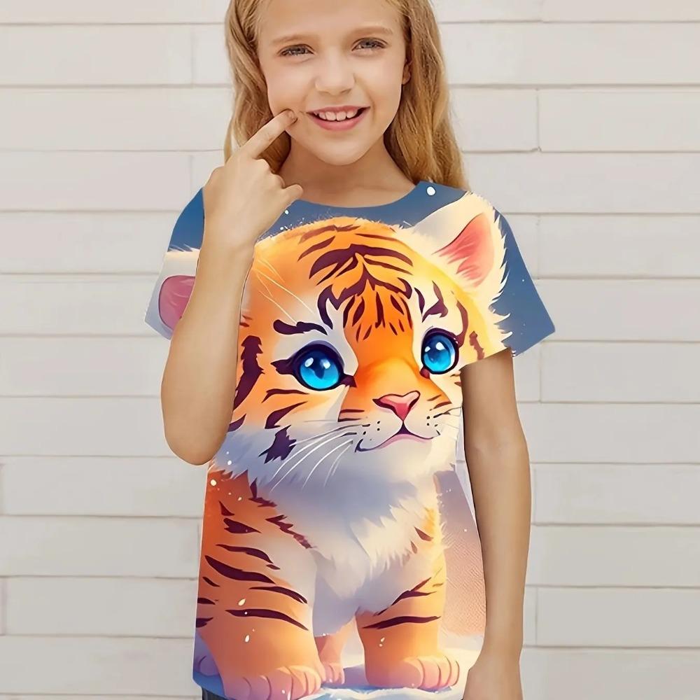 Children's clothing cute 3D cat pattern printed short sleeved top Children's clothing T-shirt casual pullover Children's boys and girls summer