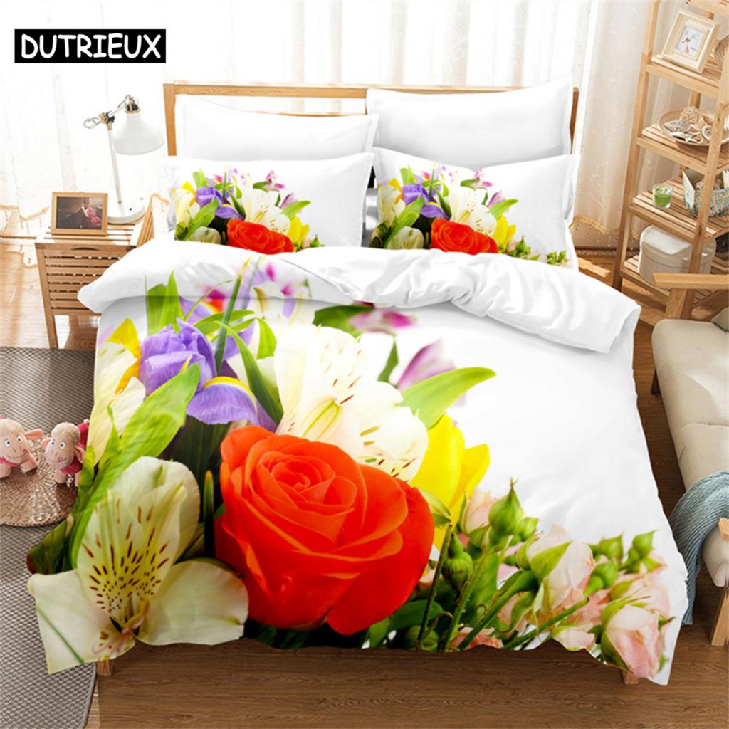 Beautiful Flowers Queen Bedding Set Duvet Cover Kids Bedroom Bed Set Comforter Cover Set King Size Duvet Cover Set Bedding Sets