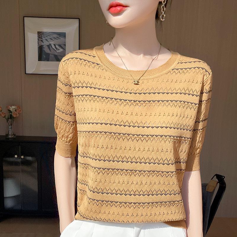 Damen Eisseide Colorblock Strick-T-Shirt - Kurzarm, Rundhalsausschnitt, Sommermode