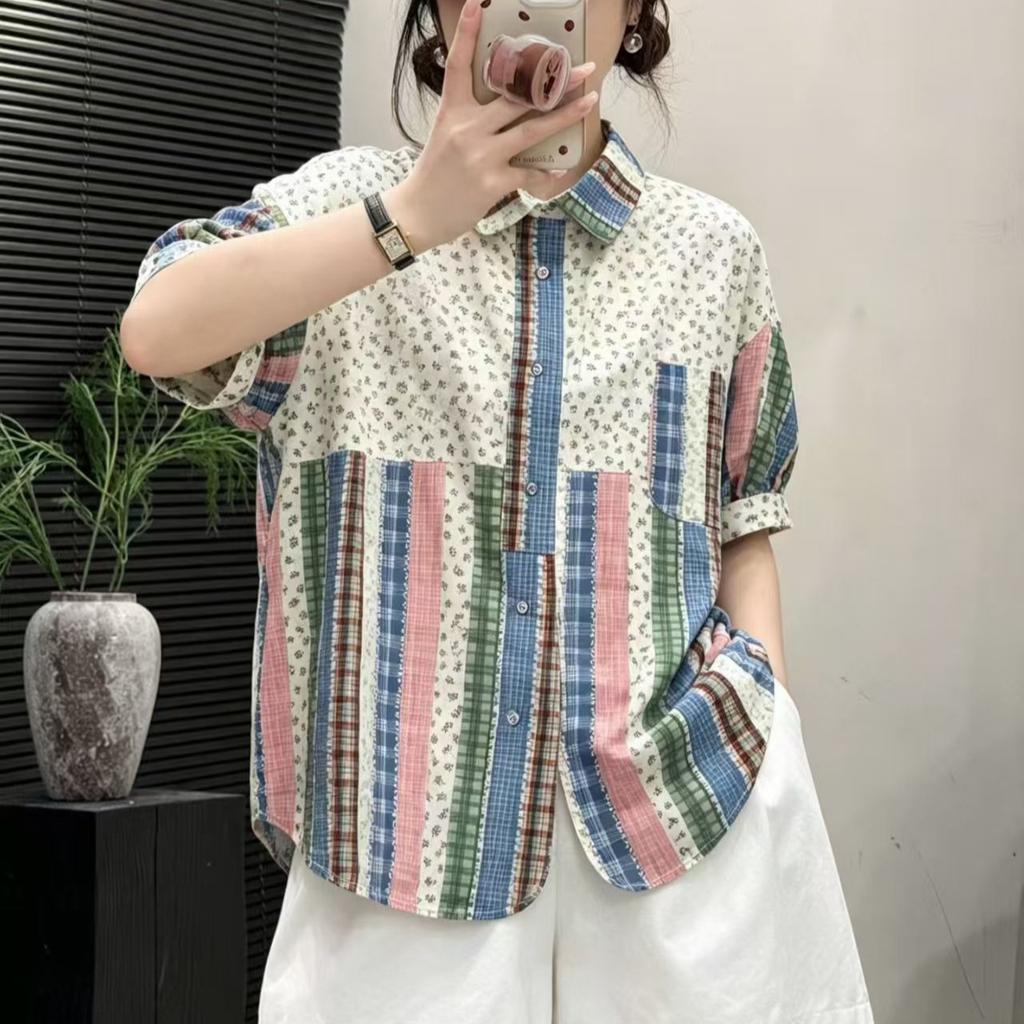 1116 Summer New Women's Lapel Japanese Cotton Shirt Loose Shirt Top Cardigan Painted Casual