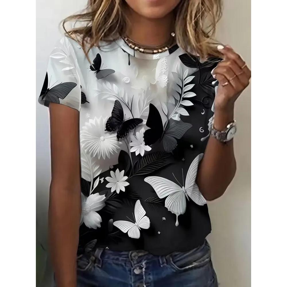 Simple Comfortable Women's Flower Printed Top T-shirt Fashionable Breathable Short Sleeve Casual T-Shirts Women’s
