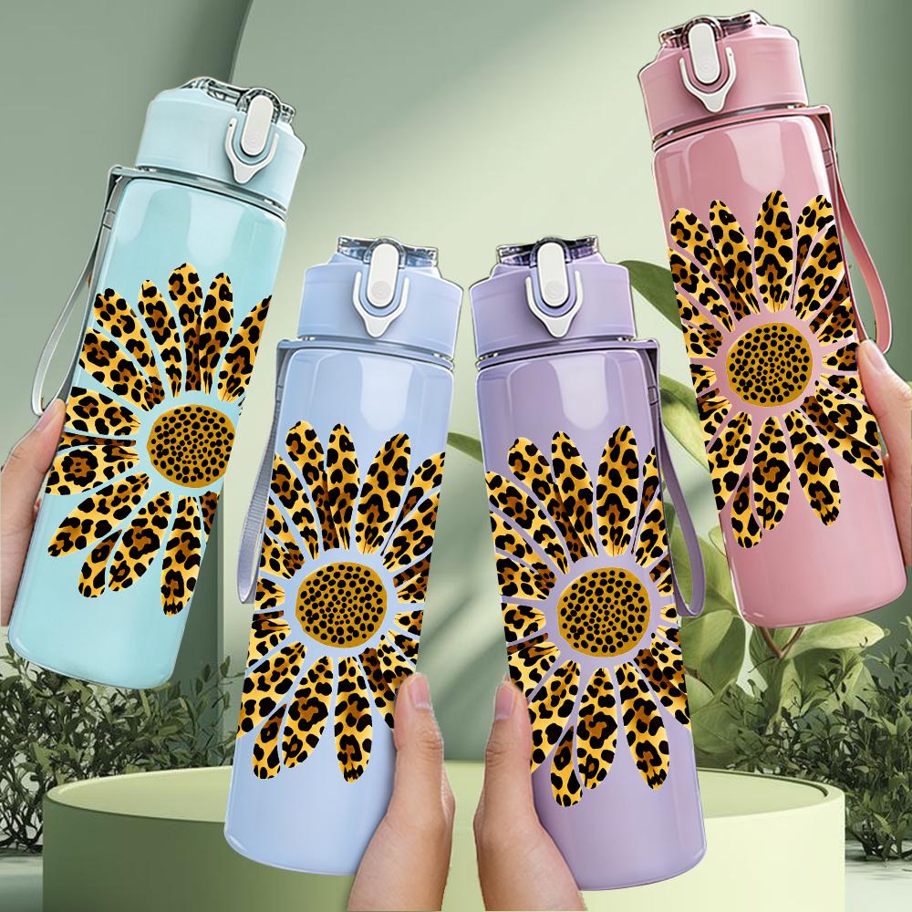 1PC Leopard Sunflower Bloom Graphic,750ml Color Plastic Sports Water Bottle,Leakproof Flip Straw Lid,Suitable for Sports Office Home Use