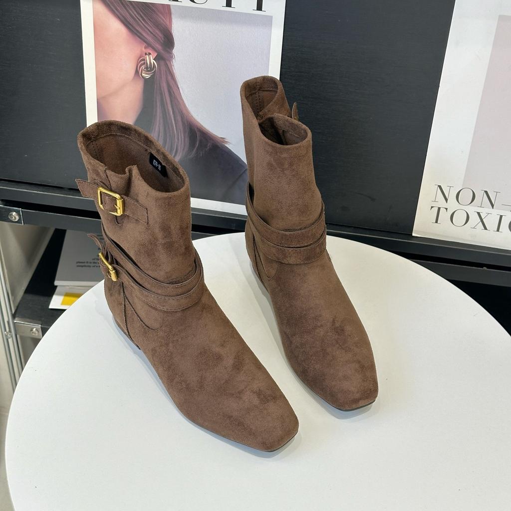 Retro Pustynny Styl Zachodnie Buty Damskie 2025 Jesień i Zima Nowe Kwadratowy Nosek Średnie Buty Obcas Kotek Obcisłe Buty Martinowe Buty Jeździeckie