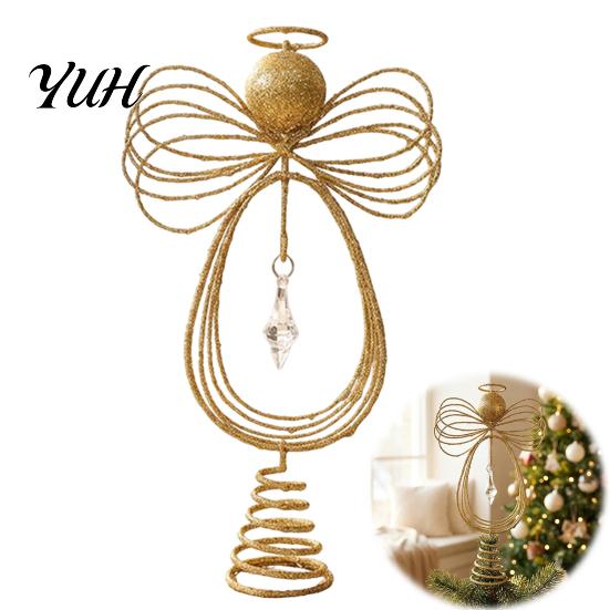 Metal Wire Angel Figurine Christmas Tree Topper, Gold Glitter Crown Elegant Room Display Ornament for Holiday Home Decor And Seasonal Indoor