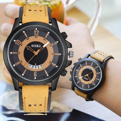 SOKI Quartz Watch Retro Classic Watch Men Date Leather Strap Quartz Military Watch Men Outdoor Watch