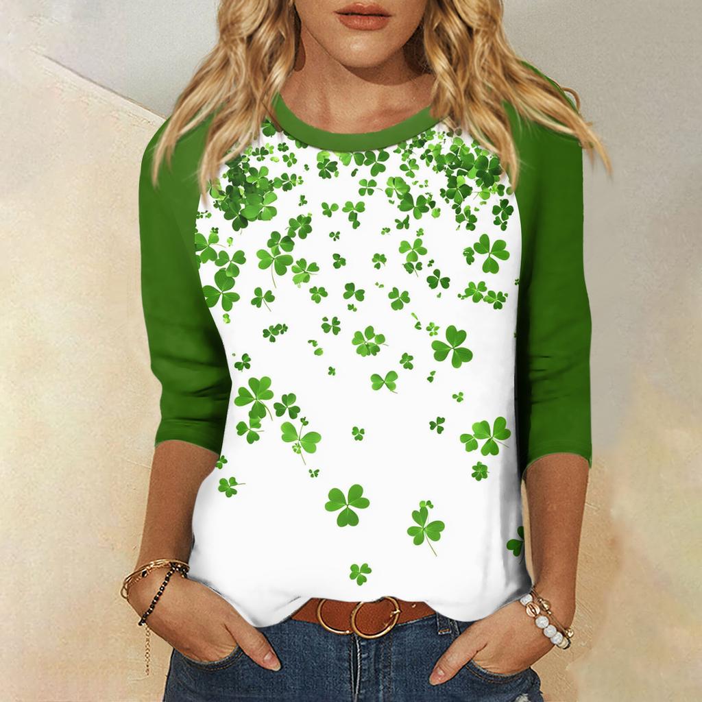 Women's St. Patrick's Day Print Round Neck Three-Quarter Sleeve Top