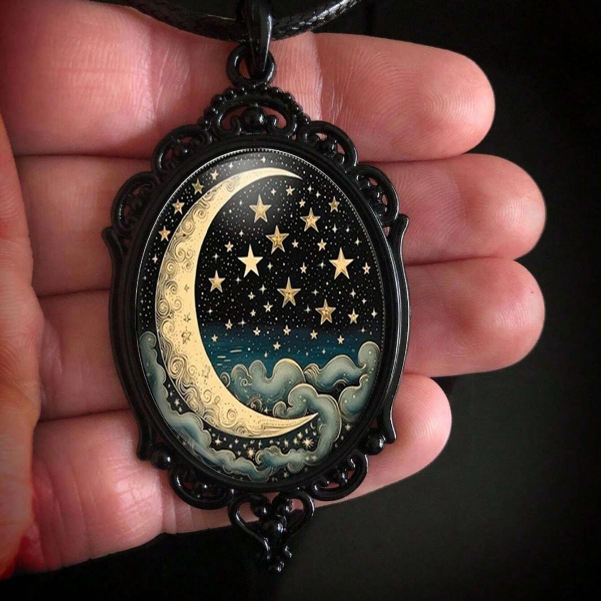 Кулон, Готский узор Луна и Звездное небо, Повседневное ожерелье для женщин 50CM