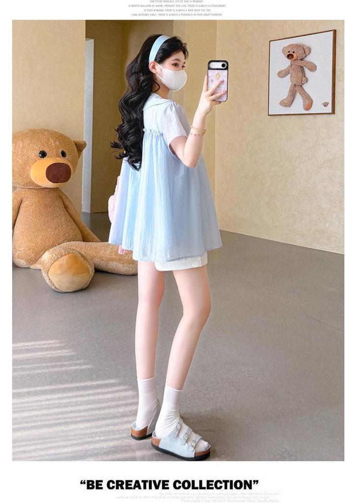 Korean-Style Petite Maternity Summer Set with Ruffle Doll Top & Belly Support Shorts