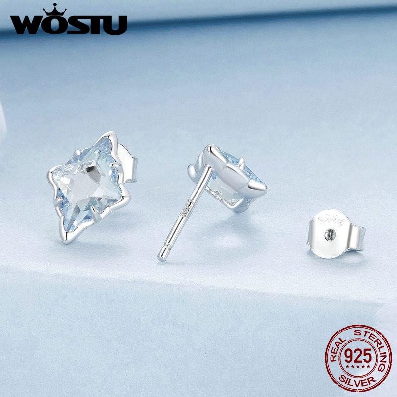 WOSTU 925 Sterling Silver Blue Crystal Geometry Stud Earrings Women Wedding Party Starry Stud Earrings For Girl Daugher Birthday