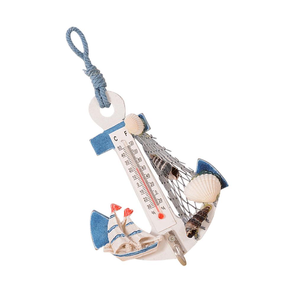 2Pcs Beach Style Hanging Ornaments Anchor Wall Hooks Mini Thermometer Shells Net Nautical Decor Bedroom Photography Background