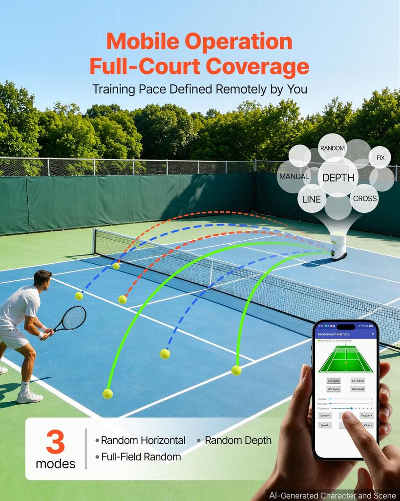 VEVOR Tennis Ball Machine Auto Portable Ball Launcher for Practice Training, with App Remote Control, 150 Ball Capacity, Spin Control