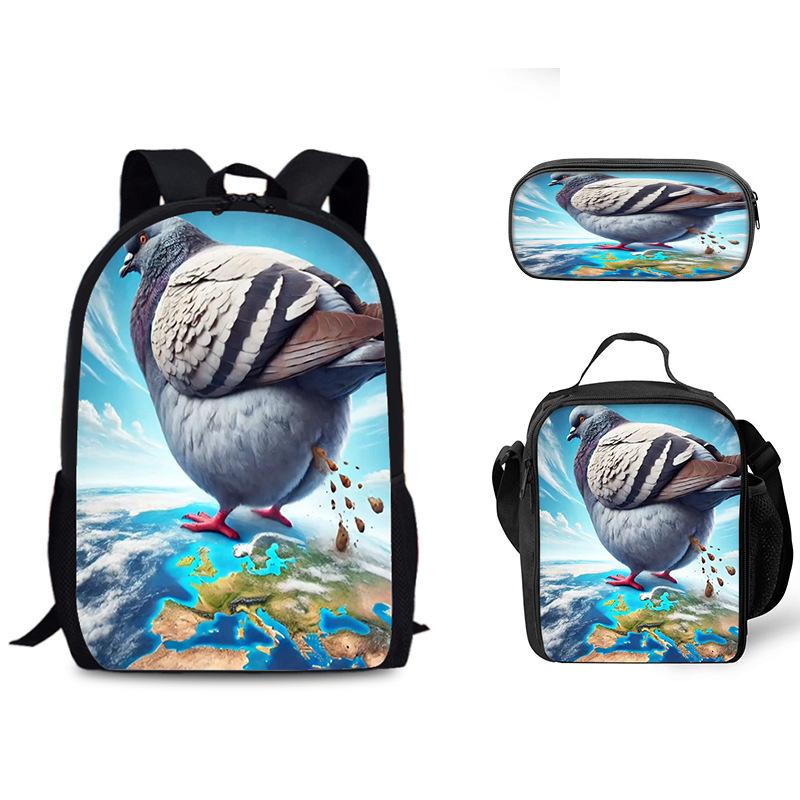 Luxus Beliebt Lustig Neuheit Taube auf Toilette 3D Druck 3Stück/Set Schüler Schultaschen Laptop Tagesrucksack Rucksack Lunchtasche Federmäppchen